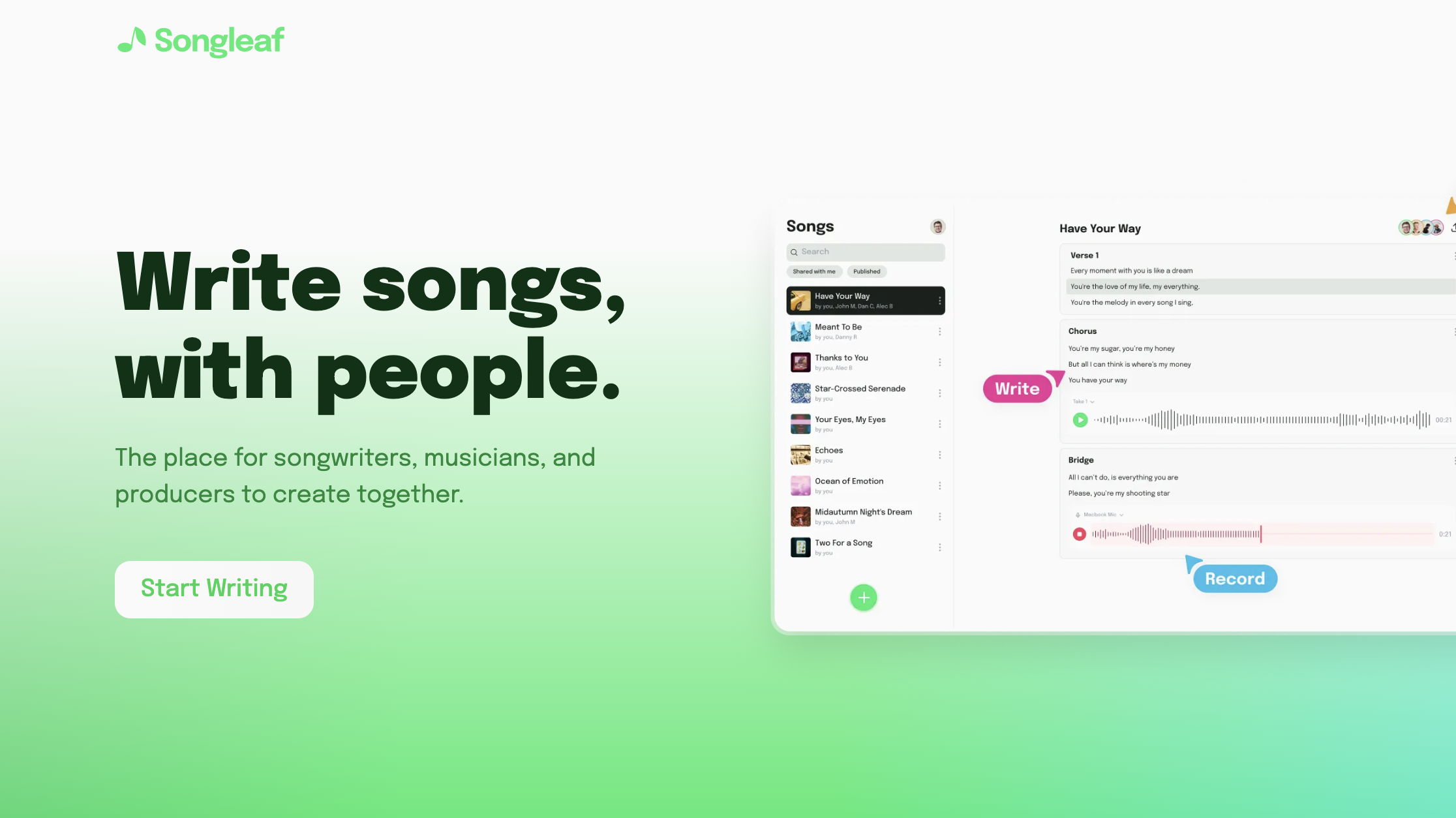 screenshot of the songleaf home page